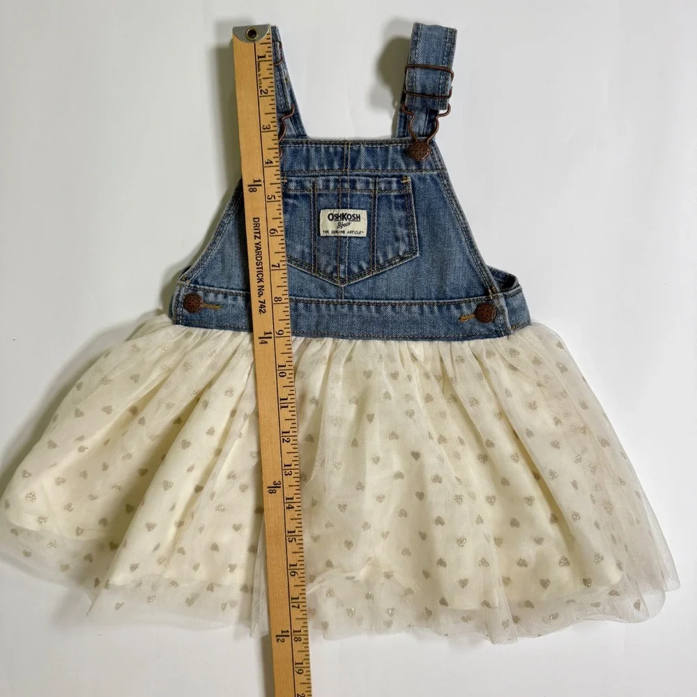 OshKosh B'gosh 24m denim tulle Overall Dress Baby Girls Glitter Hearts